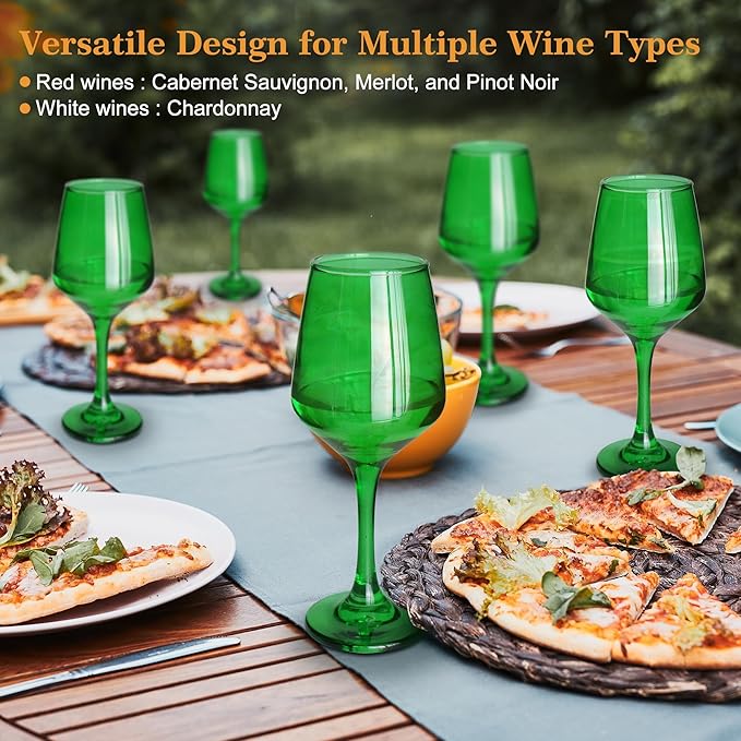 Green Wine Glasses Set of 6, 12oz Stemmed Glasses, Thick & Colored, Dishwasher Safe Stemware for Red or White, Gift for Party, Holiday, Anniversary, Restaurant, Home Bar, Daily Use