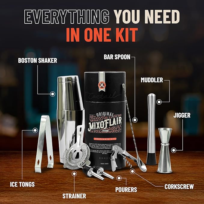 Mixology Bartender Kit with Boston Cocktail Shaker - 9pc Stainless Steel Bar Tool Set - Drink Mixer, Cocktail Accessories, Home Bar Essentials, Martini Barware Set, Men or Women Bartending Gift