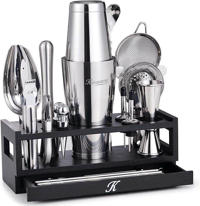 KITESSENSU 25-PC Professional Boston Shaker Set Bartender Kit, Mixology & Cocktail Bar Set with Bamboo Drawer Stand, 18oz & 28oz Ultimate Martini Shaker Gift for Home Bar