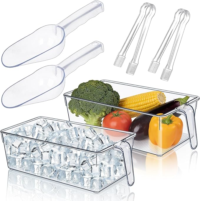 2 Pack Clear Ice Bucket for Freezer, Ice Cube Storage Bin with Flexible Handle, Ice Holder for Freezer, Scoop & Tongs Set, Fridge Container, Home Bar Organization (11.8 x 5.91 x 3.54 Inches)