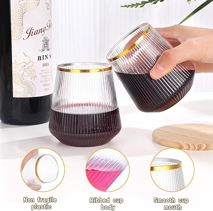 mwellewm 48 Pcs Plastic Wine Glasses Disposable, Cocktail Glasses Set 9 OZ Stemless Champagne Flutes 12 OZ Ribbed Ripple Reusable Party Cup for Wedding Home Office Bar Drinking(Gold Rim)