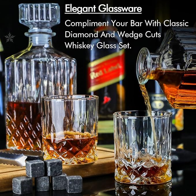 Whiskey Decanter Set for Men, 2pcs Whiskey Glass Cups and 1pcs Glass Decanter with Cooling Stones Clear Whisky Liquor Bottle for Whiskey Bourbon Rum Men Fathers'Gift