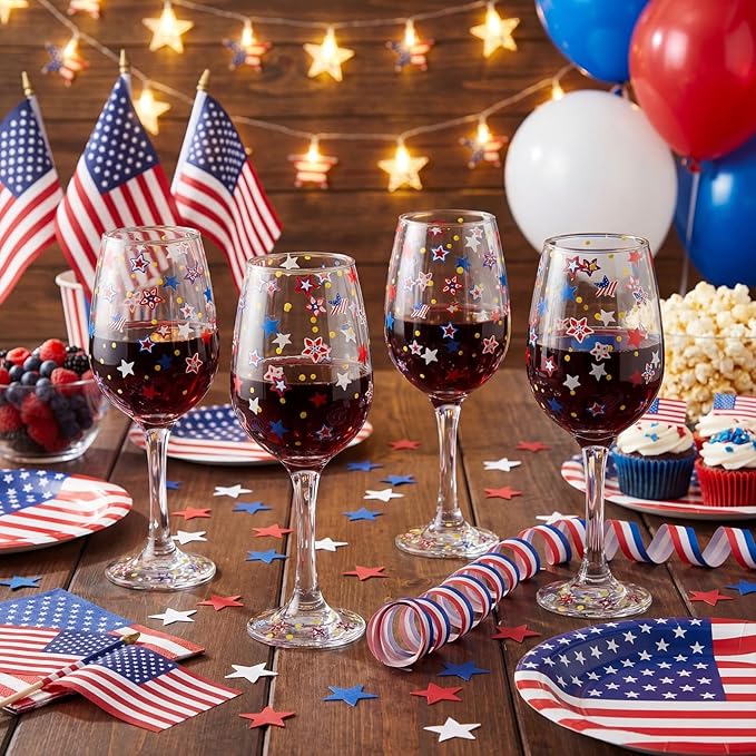 SiliFine 4 Pcs 4th of July Party Stemmed Wine Glasses Hand Painted USA Star Drinking Cup Wine Glasses Gifts for Independence Day Patriotic Theme Holiday Supplies