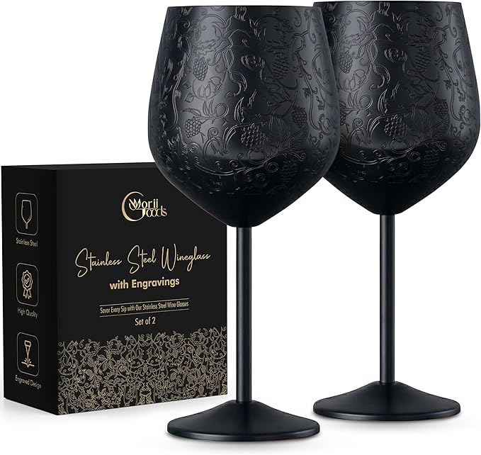 Stainless Steel Wine Glasses - Set of 2 Etched 16 oz Metal Goblets, Unbreakable Black Cups for Camping, Travel, Outdoor Events, Picnics, Luxury Wine Gifts for Women and Men (Matte Black)