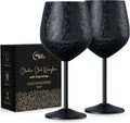 Stainless Steel Wine Glasses - Set of 2 Etched 16 oz Metal Goblets, Unbreakable Black Cups for Camping, Travel, Outdoor Events, Picnics, Luxury Wine Gifts for Women and Men (Matte Black)
