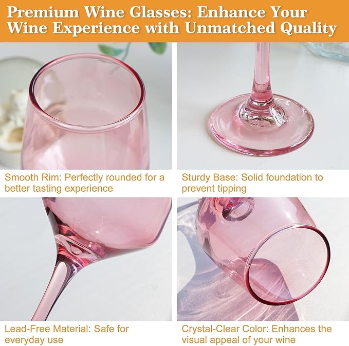 Pink Wine Glasses Set of 6, 12oz Stemmed Glasses, Thick & Colored, Dishwasher Safe Stemware for Red or White, Gift for Party, Holiday, Anniversary, Restaurant, Home Bar, Daily Use