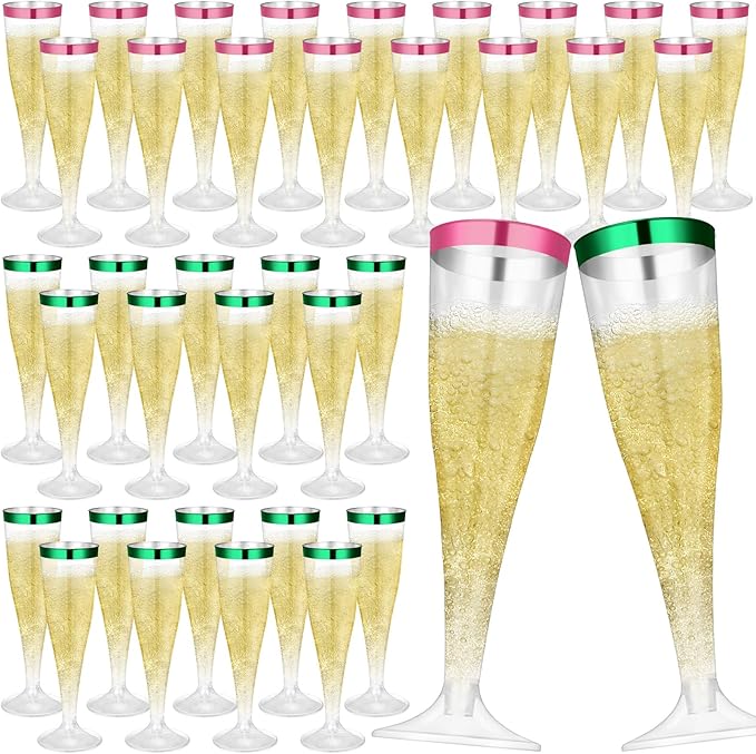 Jingmore 36 Pcs Plastic Champagne Flutes 4.5 oz Clear Disposable Wine Glasses Cocktail Cup Champagne Glass for Wedding Graduation Summer Party Favor Mimosa Bar Supplies (Green,Pink)
