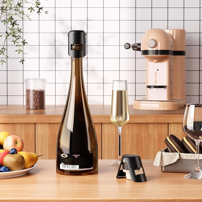 Champagne Stoppers with Stainless Steel Champagne Saver with Food Grade Silicone Leak proof Keep Fresh Suitable for Champagne, Cava, Prosecco and Sparkling(Black, 6 Pack)