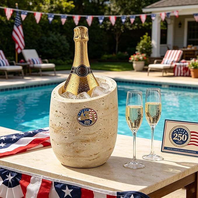 250th Years of United States Wine Chiller & Champagne Cooler – Travertine-Textured Resin Bucket for Rapid Cooling, Perfect for Independence Day Celebration, Home Party Decor – Wine Lovers Gift (Beige)