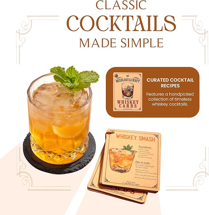 Mixology & Craft Whiskey Gift Set - Includes 2 Lead-Free Crystal Glasses, 8 Granite Chilling Stones, 2 Slate Coasters, Metal Tongs & Recipe Cards with a Wooden Army Crate Box