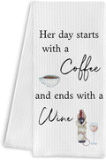 Coffee and Wine Kitchen Towels - Her Day Starts with a Coffee and Ends with a Wine, Funny Dish Towels with Saying, 16x24 Inches