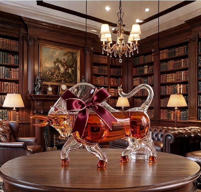 Charging Bull Decanter El Matador Wall Street Bull Charging Head Forward Animal Bullfighter Liquor Decanter for Bourbon Whiskey Scotch Zodiac Shape Clear 1000ml Dispenser Unique Bar Gift, Men Office