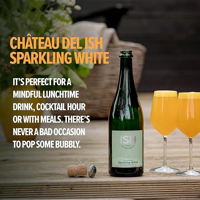 Chateau del ISH Sparkling Non Alcoholic White, Award Winning Non-Alcoholic Wine and Champagne, Gluten Free, Low Calorie, Zero Proof with Dealcoholized Pinot Blanc and Silvaner Grapes, 750 ml Bottle