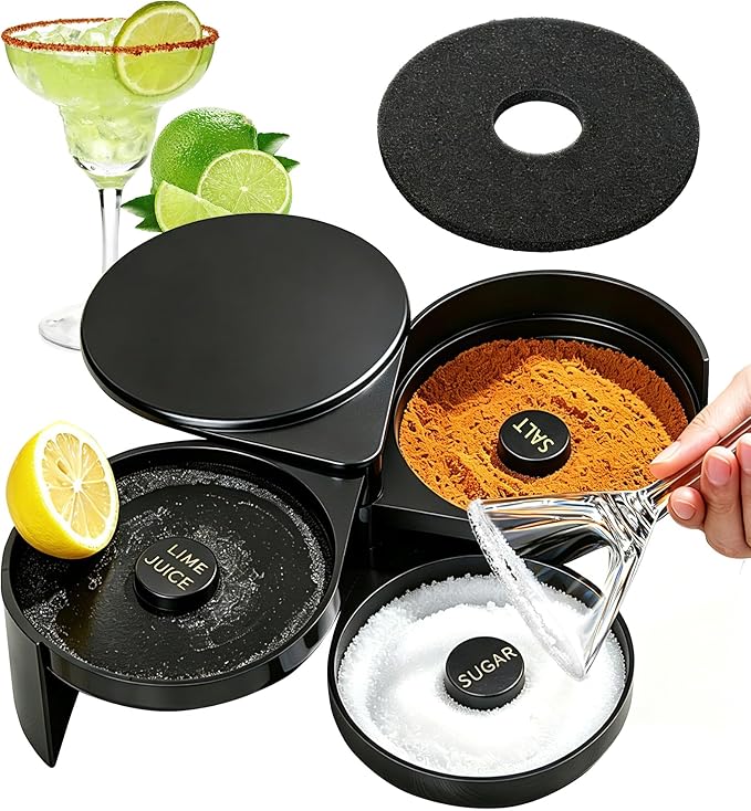 Margarita Salt Rimmer Set, 3-Tier Bar Glass Rimmer with 2 Sponges, Bartender Tool Rimmer Dish with Separate Tier for Lime Juice, Salt and Sugar, Bar Accessories for Cocktails and Bloody Mary