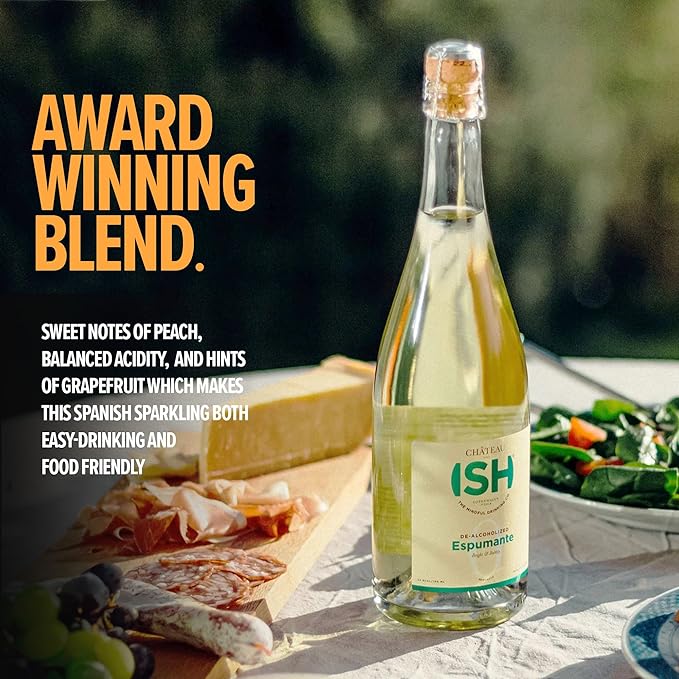 Chateau del ISH Sparkling Non Alcoholic Espumante, Non-Alcoholic White Wine and Champagne, Gluten Free, Low Calorie, Zero Proof, Spanish with Dealcoholized Airén Grapes, Sweet & Crisp, 750 ml Bottle
