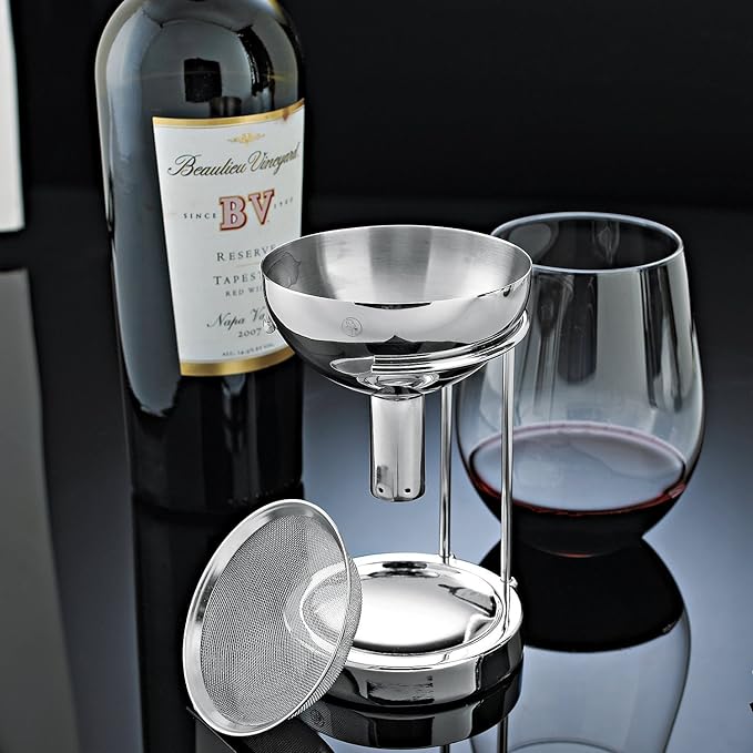 Wine Enthusiast Aerating Funnel w/Removable Screen & Stand – Premium Stainless Steel Wine Filter for Mess Free Pouring