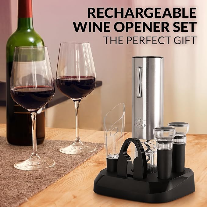 Zulay Kitchen Rechargeable Electric Wine Opener Set with Charging Base - Automatic Corkscrew Wine Bottle Opener, Aerator Pourer, Foil Cutter & 2 Vacuum Stoppers - Stainless Steel Wine Gift Set, Silver