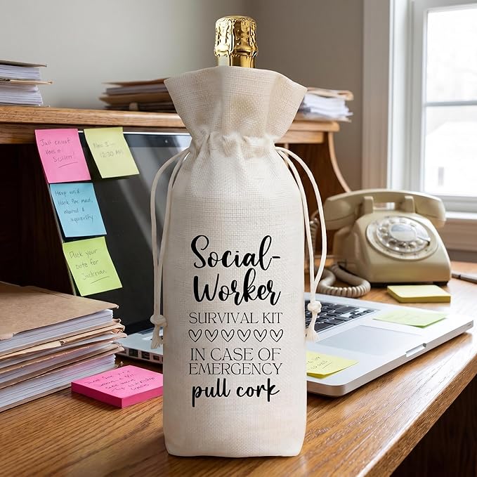 Funny Social Worker Survival Kit Wine Bag, Linen Drawstring Wine Bottle Gift Bag, Reusable Wine Pouch for Social Worker Appreciation Retirement Birthday, 13 x 5.7 Inch - A10