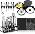 28 Pcs Cocktail Shaker Set and Bartender Kit with Stand, 18 x 12 Inch Folding Bar Mat with Cutting Board, 3 Tier Bar Glass Rimmer, Liquor Pour Spout Bartender Tool Gift for Home and Mixology