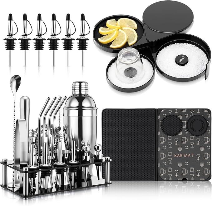 28 Pcs Cocktail Shaker Set and Bartender Kit with Stand, 18 x 12 Inch Folding Bar Mat with Cutting Board, 3 Tier Bar Glass Rimmer, Liquor Pour Spout Bartender Tool Gift for Home and Mixology