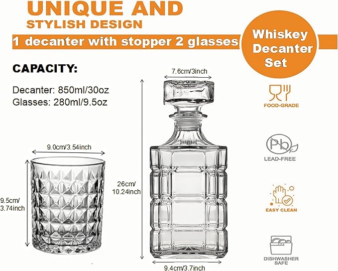 Whiskey Decanter Set,800ML Elegant Liquor Carafe with Ornate Glass Stopper and 2 Matching Whisky Tumblers–Whisky,Scotch, Liquor, Wine, Bourbon, Gin, Rum, Tequila, Vodka and Brandy (Rural Style)