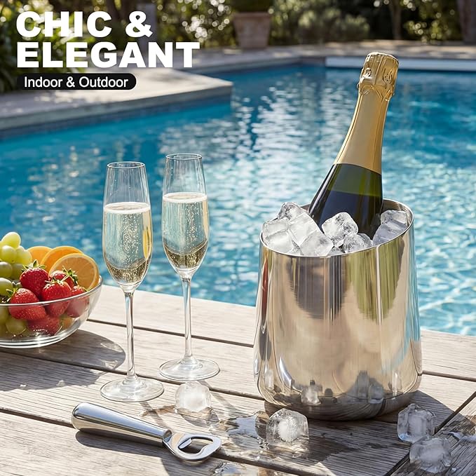 Layhit 2 Pcs Wine Chiller Bucket Stainless Steel Champagne Bucket 750ml Wine Bottle Cooler Champagne Chiller Double Insulated Bottle Cooler to Keep Chilled Without Ice for Party Kitchen Bar(Silver)