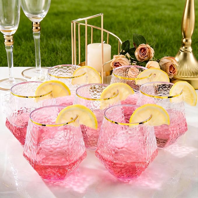 Goodluck 40 PCS Diamond Stemless Plastic Wine Glasses, 12 Oz Disposable Fancy Plastic Cups, Suitable for Weddings, Birthday Parties, Family Gatherings, Bars, etc （Hammered Gold rimmed cups）