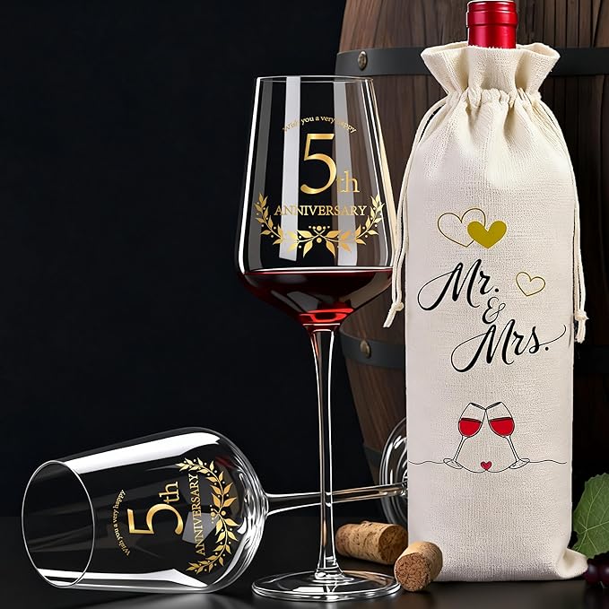 5 Years Anniversary Wine Glass Gift Set of 2 Happy 5th Anniversary Package with 2 Wine Glasses, Wine Bag, and Greeting Card Gifts for Couple Husband and Wife