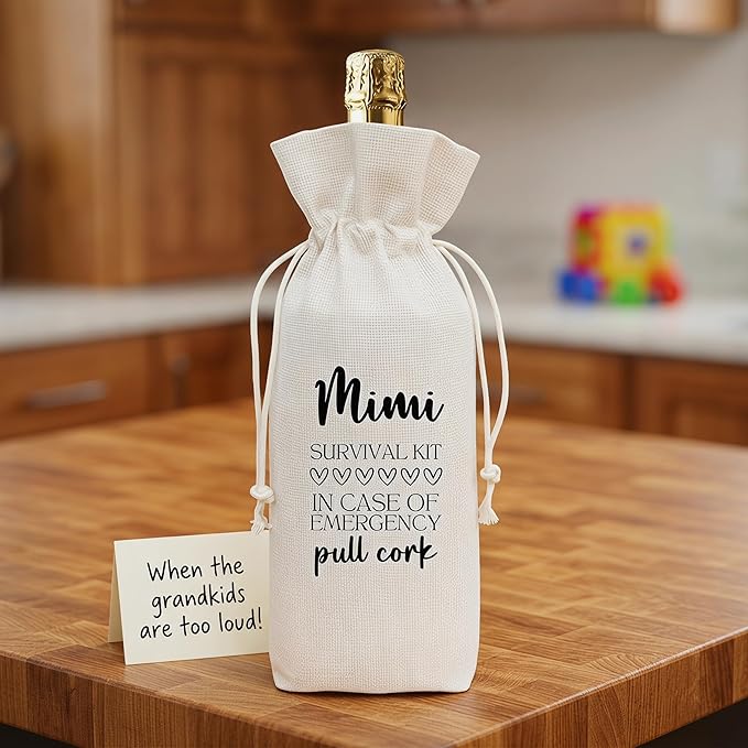 Mimi Gift Wine Bag from Grandkids, Funny Survival Kit Linen Drawstring Wine Bottle Cover, Reusable Wine Gift Pouch for Mimi Mother's Day Birthday Christmas Grandparents Day - A03