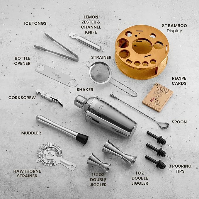 Mixology & Craft Bartender Kit – 15 Piece Cocktail Shaker Set with Bamboo Stand | Complete Cocktail Kit Gift Set | Top Bartender Gifts for Men & Women | Exclusive Recipe Cards (Silver)