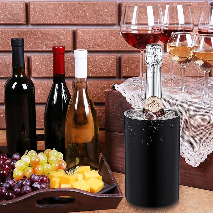 Potchen 6 Pack Wine Chiller Bucket Wine Bottles Cooler Bulk, Stainless Steel Double Wall Insulated Champagne Ice Bucket for Parties,Fits for 750 ml Bottles(Black)