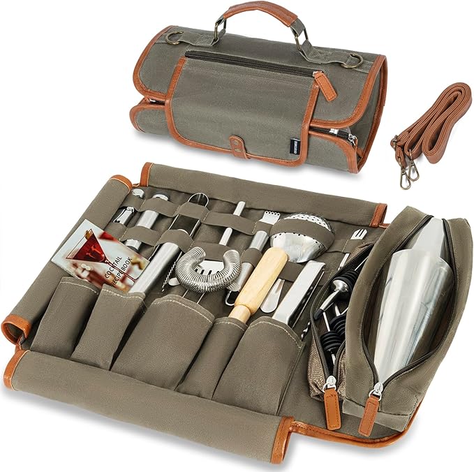 Travel Bartender Kit Bag with 22-Pc Cocktail Shaker Set, Waxed Canvas Protable Carrying Bartender Bag with Stainless Steel Bar Tool Set, Roll-Up Bartenders Kits for Professional Bartenders