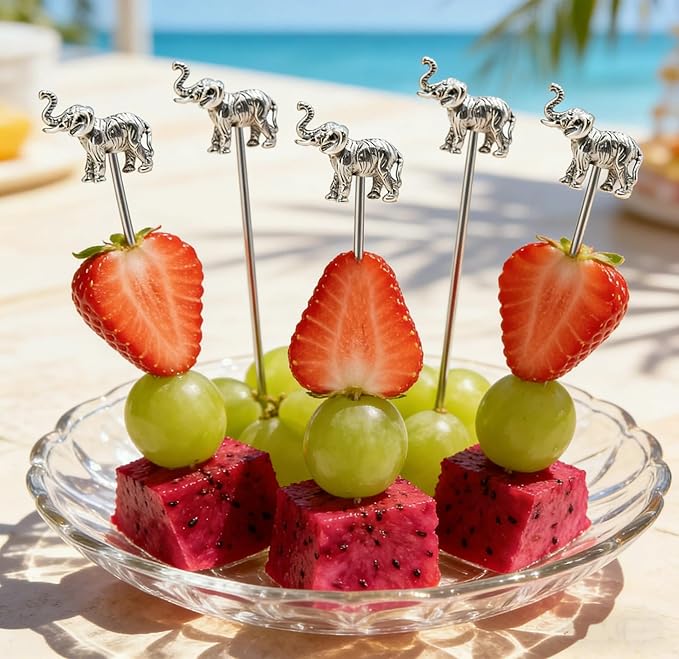 Homestia Stainless Steel Cocktail Picks, 4.7 Inch Elephant Animal Cocktail Toothpicks, Reusable Garnish Skewers for Drinks, Set of 6 Martini Olive Picks