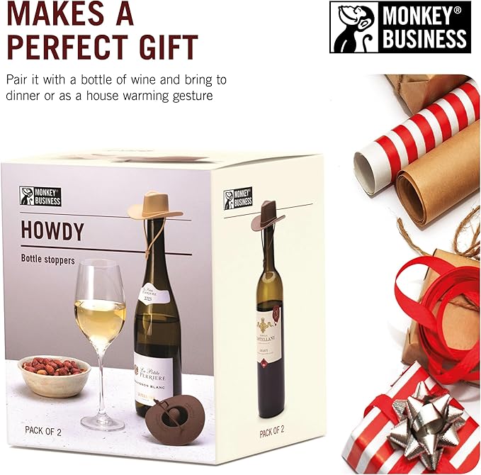 Monkey Business Howdy - 3 Sets of 2-Pack Wine Stoppers (Total 6) Cowboy Hat Wine Stoppers – Fun Silicone Bottle Stoppers Keep Wine Fresh – Novelty Kitchen Gadgets & Cute Wine Accessories