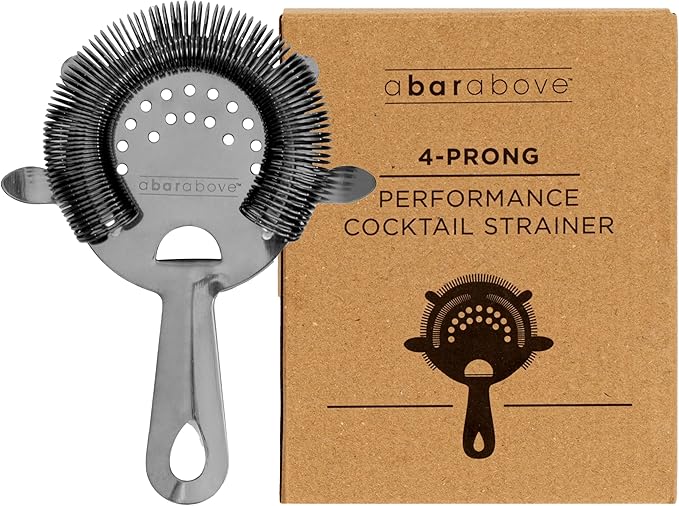 A Bar Above Cocktail Strainer, 4-Prong Bar Strainer with High Density Spring for Smooth Pouring, Fits Boston Shaker Tins and Mixing Glasses, Bar Essentials for Home Bartenders and Pros, Black Finish