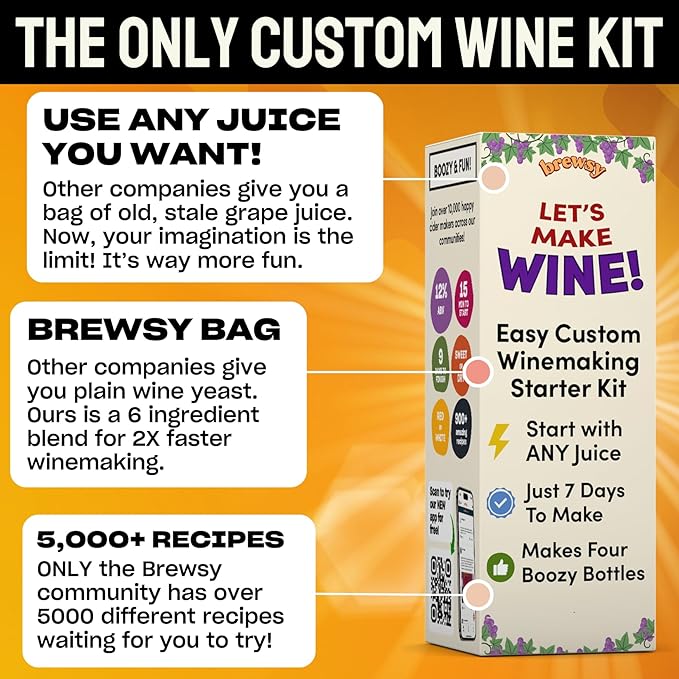 Brewsy Starter Kit for Wine Making - Custom Wine Kit - 4 Bottles in 9 Days - Red or White Wine - Use Any Juice