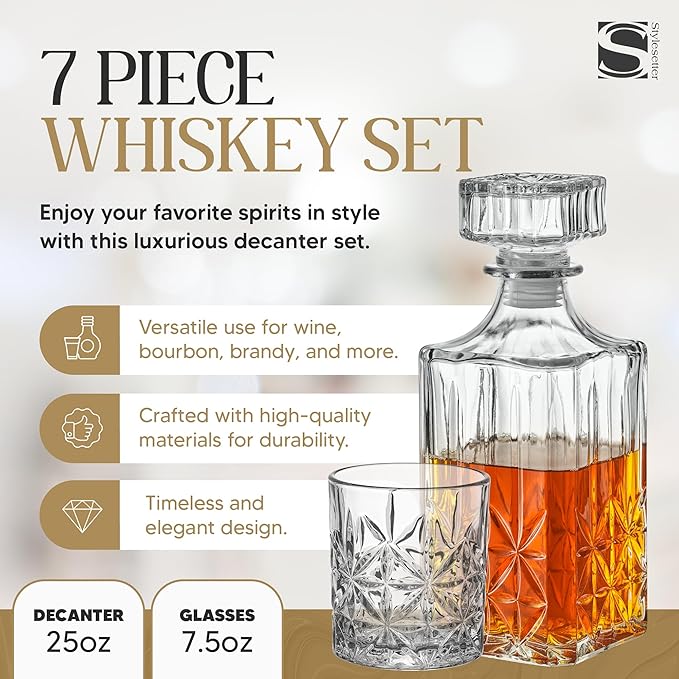 Style Setter Whiskey Decanter Set with Glasses - Prestigious Whiskey Set with 25oz Liquor Decanter and 6 Glasses - Upscale Whisky Decanter & Glass Set - Birthday Gifts Fathers Day