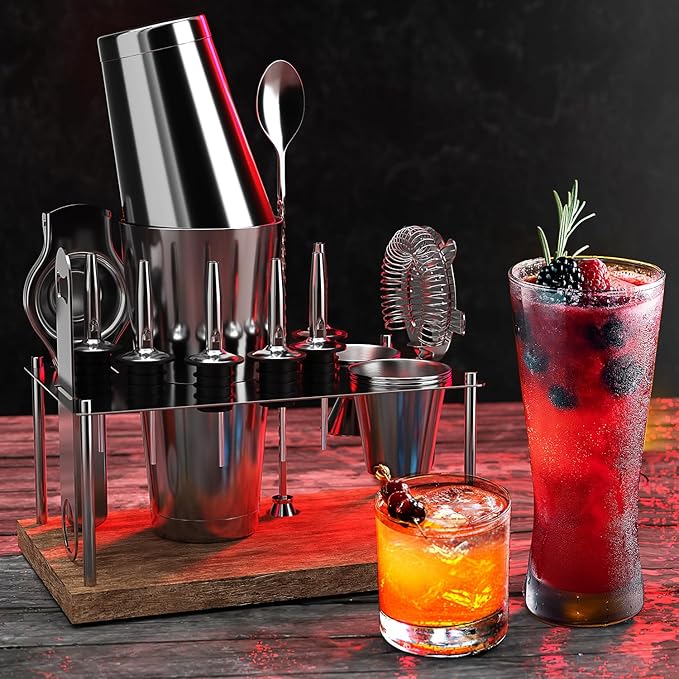 Bar Set Cocktail Shaker Set Bartender Kit, 17 Piece Silver Cocktail Set, Mixology Bartender Kit with Wood Stand, Steel Cocktail Kit, Bar Accessories: 30oz Martini Shaker, Muddler, Cocktail Book & More