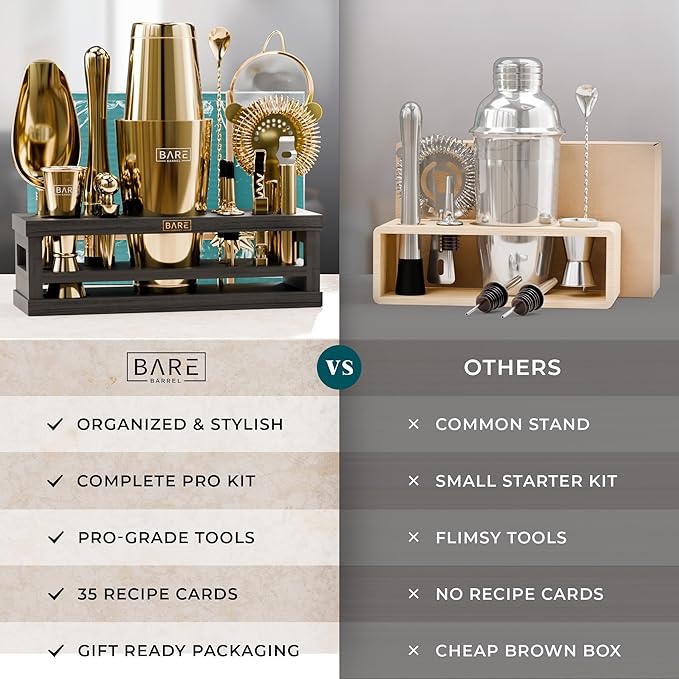 BARE BARREL® Mixology Bartender Kit Bar Set | 16-Piece Cocktail Shaker Set | Martini Barware Mixing Tools for Home Bartending | Incl. 35 Recipe Cards | Gift Set (28oz Boston Shaker, Gold/Black)