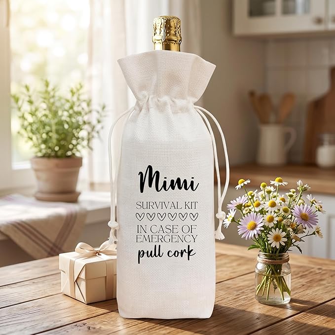 Mimi Gift Wine Bag from Grandkids, Funny Survival Kit Linen Drawstring Wine Bottle Cover, Reusable Wine Gift Pouch for Mimi Mother's Day Birthday Christmas Grandparents Day - A03