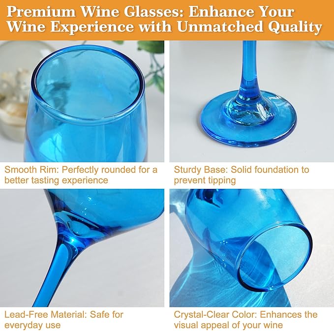 Blue Wine Glasses Set of 6, 14oz Stemmed Glasses, Thick & Colored, Dishwasher Safe Stemware for Red or White, Gift for Party, Holiday, Anniversary, Restaurant, Home Bar, Daily Use