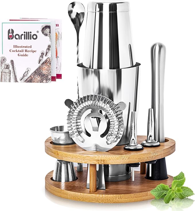 Barillio Elite Mixology Bartender Kit with Stand - Cocktail Shaker Set with Bamboo Stand, Boston Drink Shaker, Mojito Muddler, and Drink Mixer Spoon - 9-Piece Bar Tools Set - Bar Accessories for Home