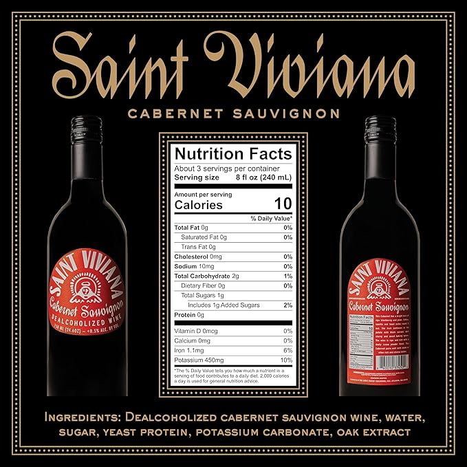 Saint Viviana Non-Alcoholic Cabernet Sauvignon, Non Alcoholic Red Wine, Gluten Free, Low Sugar, Zero Proof, California Dealcoholized Wine, Blackberry, Plum, Coffee & Vanilla Notes, 24.6 fl oz Bottle