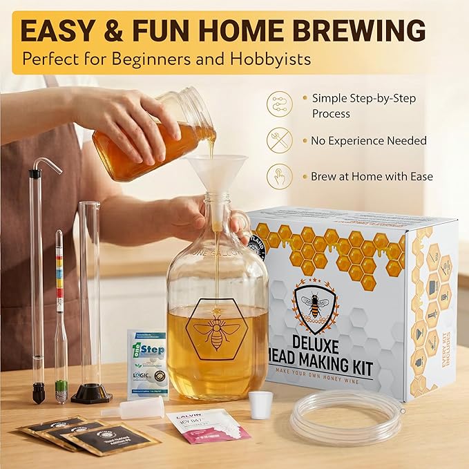 Complete Mead Making Kit for Beginners with Premium Yeast and Ingredients – Home Brewing Starter Kit – Includes 1 Gallon Carboy - Alcohol Hydrometer – Auto Siphon – Airlock - How to Guide