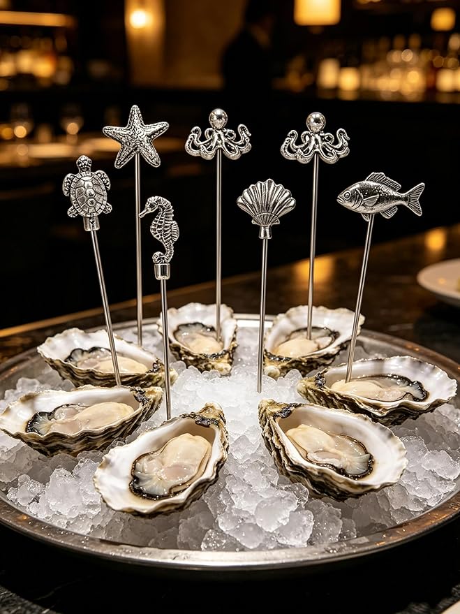 Homestia Ocean Cocktail Picks, 6PCS Stainless Steel Marine Life Martini Picks 4.7 Inch, Sea Turtle Starfish Seahorse Octopus Shell Fish Drink Skewers for Cocktails, Olives, Appetizers