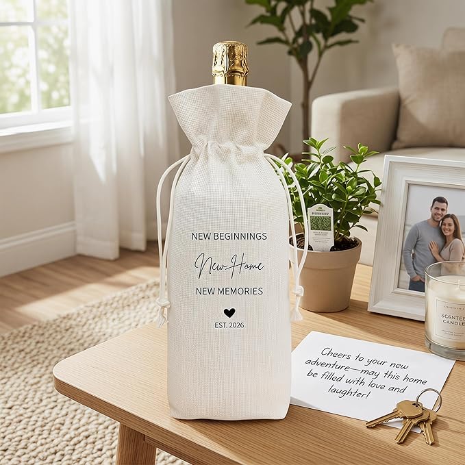 Housewarming Gift Wine Bag, New Home New Beginnings Linen Drawstring Wine Bottle Bag, Reusable Wine Pouch for New Homeowner Closing Gift, 13 x 5.7 Inch - A08