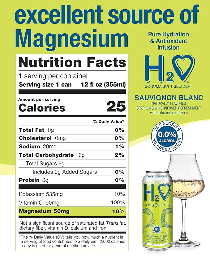 Larger 1.5X sizeH2o (Velvety & Smooth) W6– California White Non Alcoholic Wine Infused Refreshment, 0.0% Alcohol, Jam-packed with flavor plus Hydrating Minerals (Larger 1.5x size Sauvignon Blanc, Pack of 6-12 Fl oz)