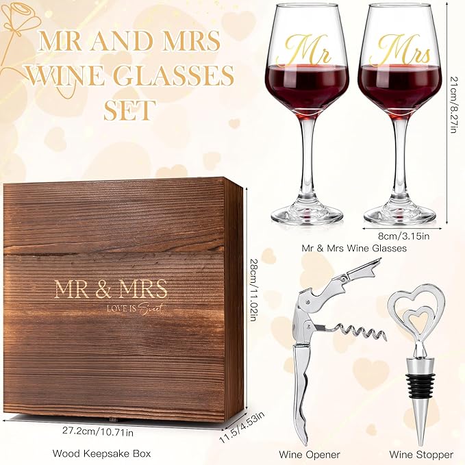 Mr and Mrs Wine Glasses, Wedding Gifts for Couples, Engagement Gift for Newlyweds, Bridal Shower Gift, Anniversary Wine Glass Wine Opener Stopper with Engraved Wooden Keepsake Box for Bride and Groom