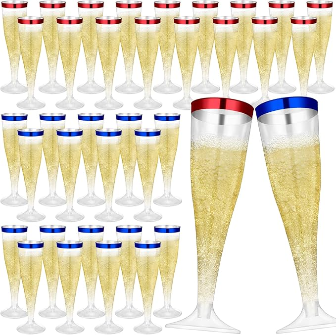 Jingmore 36 Pcs Plastic Champagne Flutes 4.5 oz Clear Disposable Wine Glasses Cocktail Cup Champagne Glass for Wedding Graduation Summer Party Favor Mimosa Bar Supplies (Blue,Red)