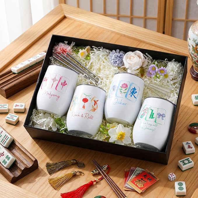 Patelai 4 Pack 12 oz Mahjong Tumbler Set with Tiles Print, Mah Jong Stainless Steel Glasses with Lid Insulated Tumblers, Accessories Gifts for Mahjong Game Birthday Party Gifts
